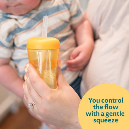 3 Pack 7 oz The First Years Squeeze & Sip Toddler Straw Cups, Squeezable Transition Sippy Cups with Silicone Straw, Yellow, Pink, Orange, Ages 6 Months+