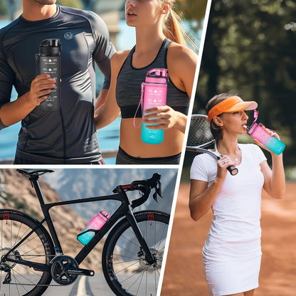 Enerbone Leak-Proof BPA-Free Motivational Water Bottle with Straw and Time Markers, Fitness Sports Bottle with Strap for Office, Gym, Outdoors