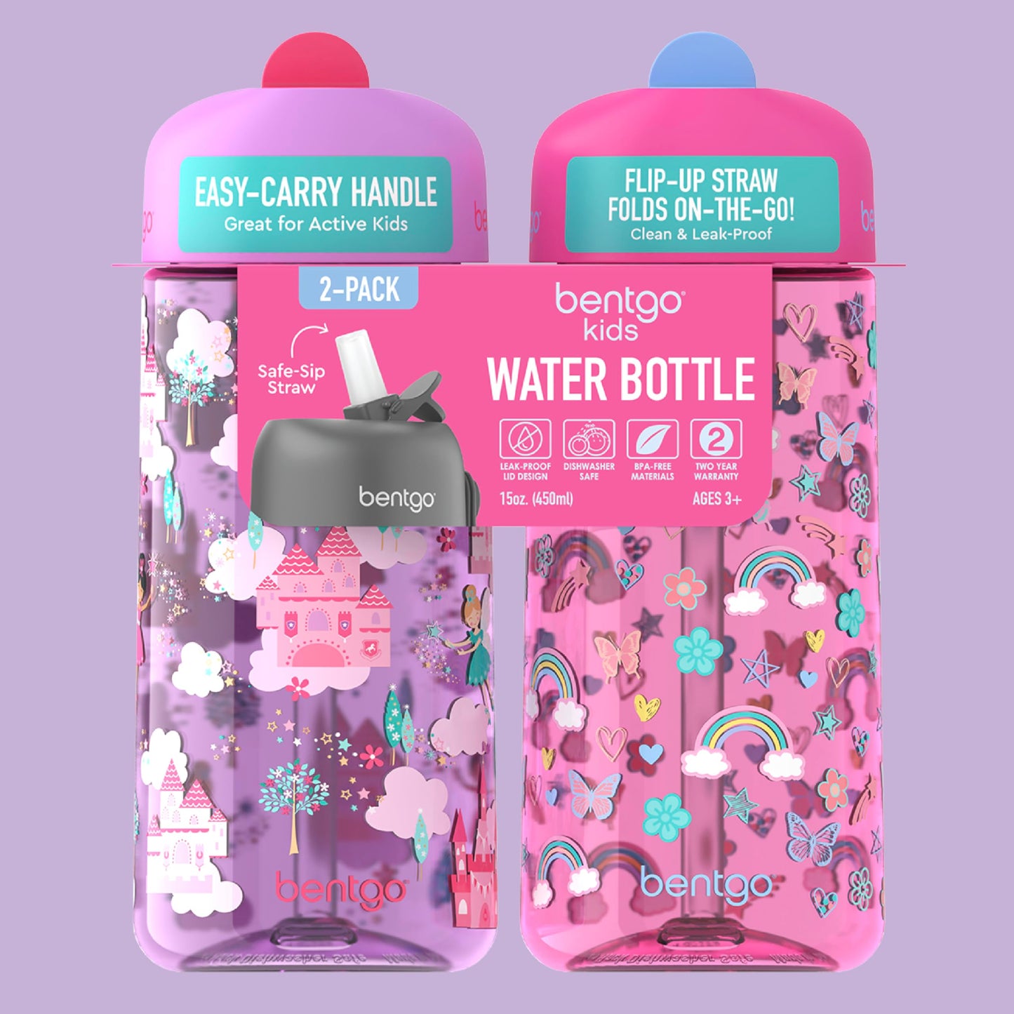 2 Pack 15 oz Bentgo Kids Water Bottles, Leak-Proof Durable Tritan, BPA-Free, Flip-Up Straw, Dishwasher Safe, Rainbows & Butterflies / Fairies, Ages 3+, School, Sports, Daycare, Camp