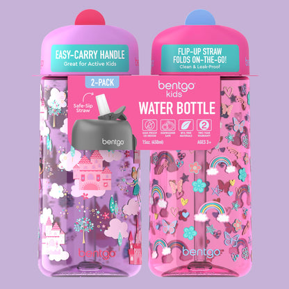 2 Pack 15 oz Bentgo Kids Water Bottles, Leak-Proof Durable Tritan, BPA-Free, Flip-Up Straw, Dishwasher Safe, Rainbows & Butterflies / Fairies, Ages 3+, School, Sports, Daycare, Camp