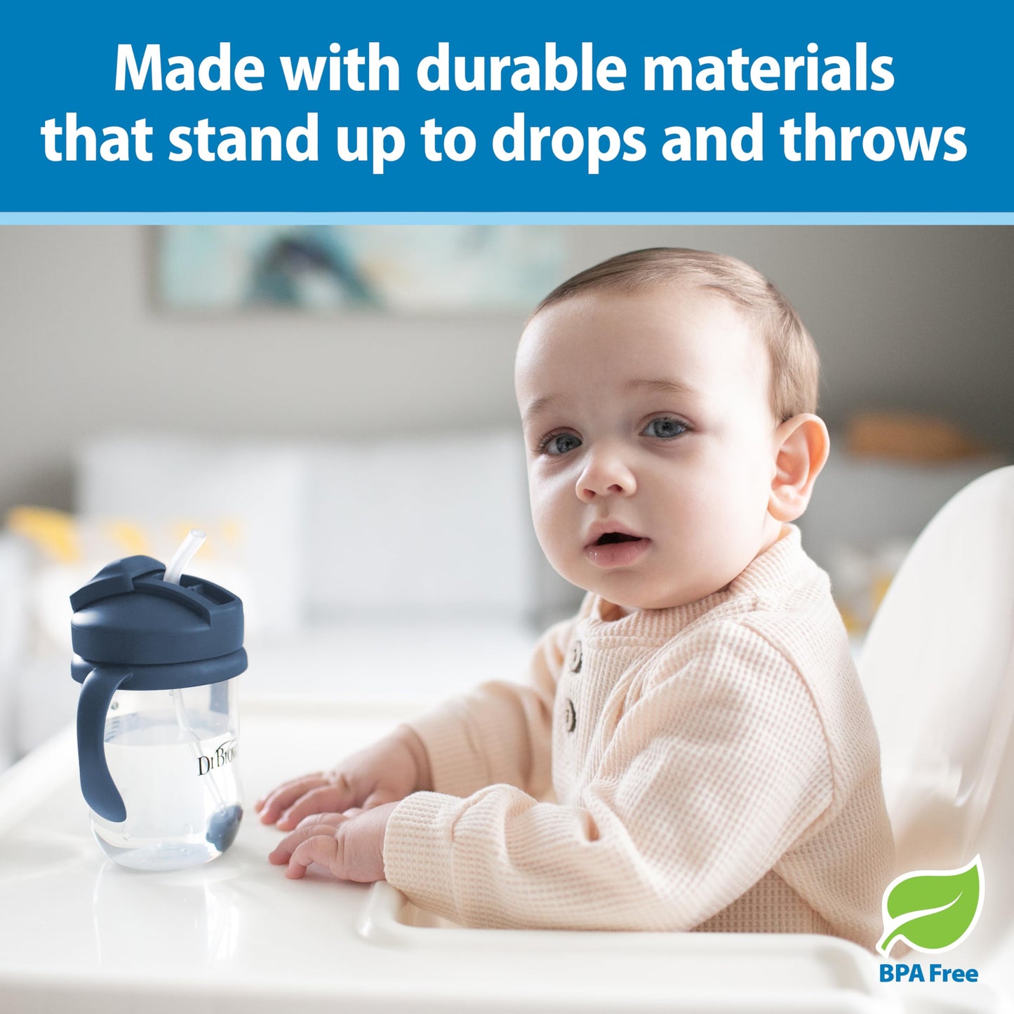 Dr. Brown's Milestones Baby's First Straw Cup – 2 Pack Training Cups with Weighted Straw, 9 oz/270 mL Each, Dark Blue & Vintage Yellow, BPA-Free, for Babies 6 Months+