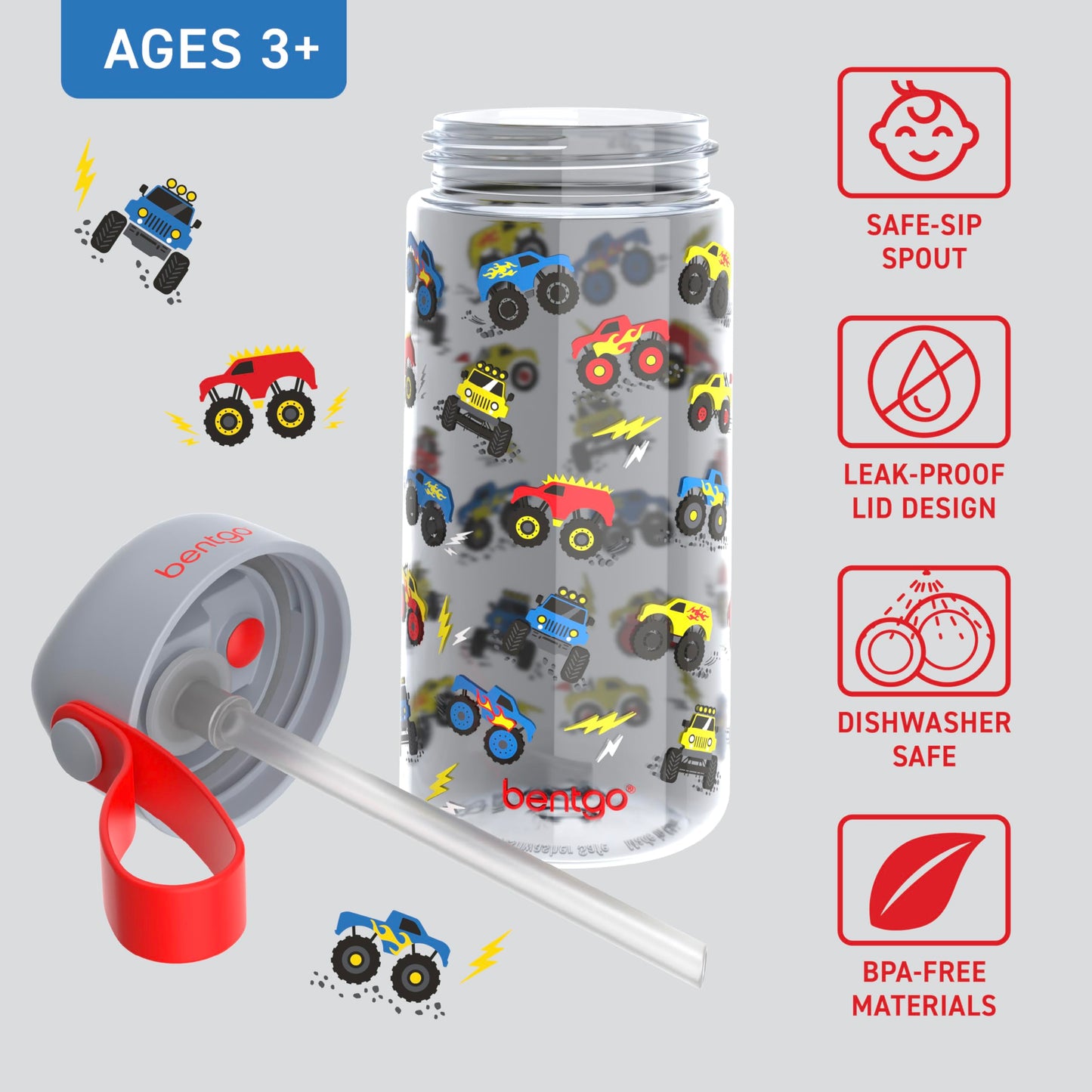 15 oz Bentgo Kids Water Bottle, Leak-Proof Durable Tritan, BPA-Free, Safe Sip Spout with Carry Handle, Dishwasher Safe, Trucks Design, Ages 3+, School, Sports, Daycare, Camp