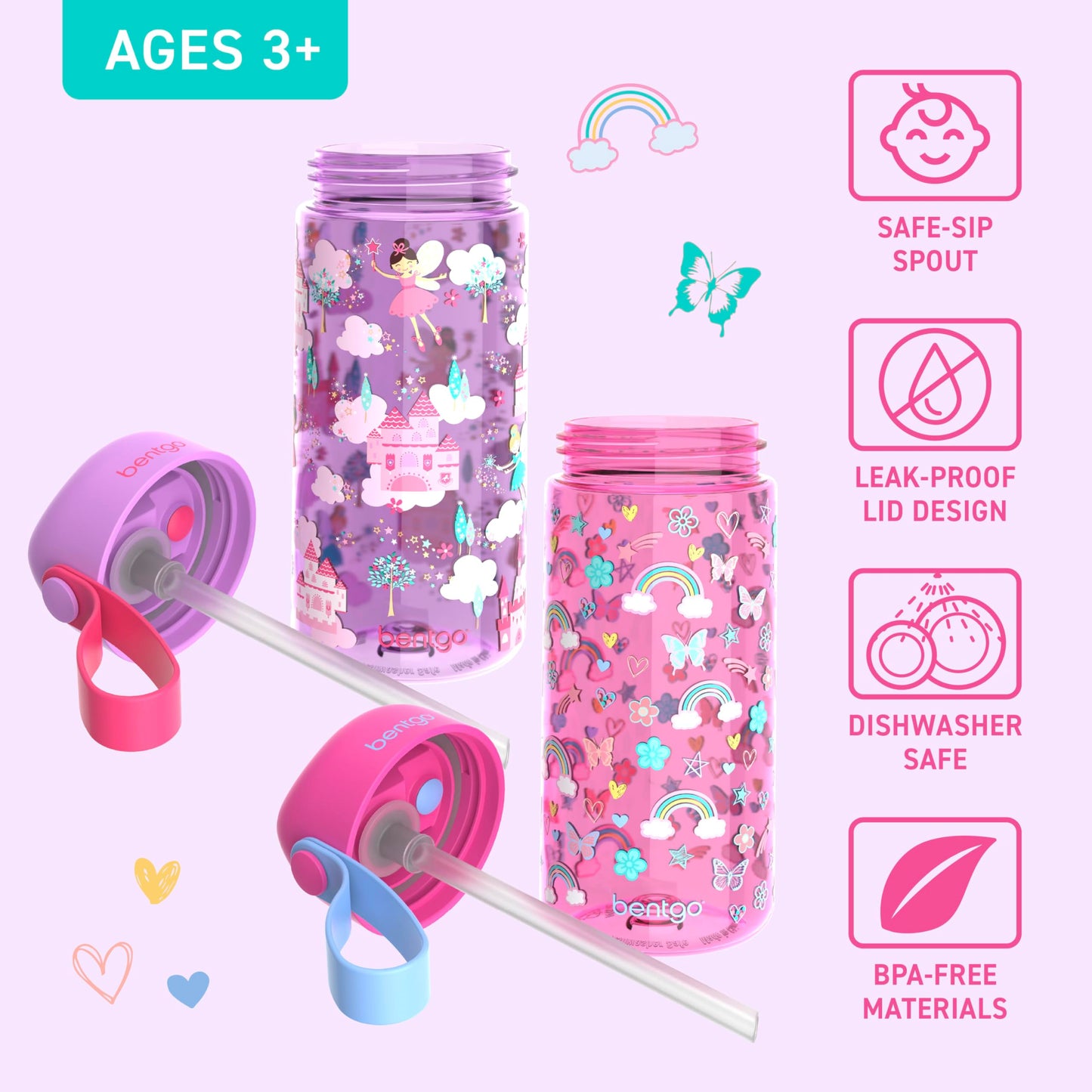 2 Pack 15 oz Bentgo Kids Water Bottles, Leak-Proof Durable Tritan, BPA-Free, Flip-Up Straw, Dishwasher Safe, Rainbows & Butterflies / Fairies, Ages 3+, School, Sports, Daycare, Camp