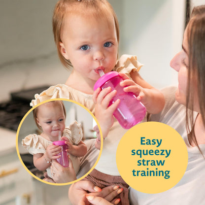 3 Pack 7 oz The First Years Squeeze & Sip Toddler Straw Cups, Squeezable Transition Sippy Cups with Silicone Straw, Yellow, Pink, Orange, Ages 6 Months+