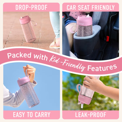 15 oz Bentgo Kids Water Bottle, Leak-Proof Durable Tritan, BPA-Free, Safe Sip Spout with Carry Handle, Dishwasher Safe, Glitter Edition Petal Pink, Ages 3+, School