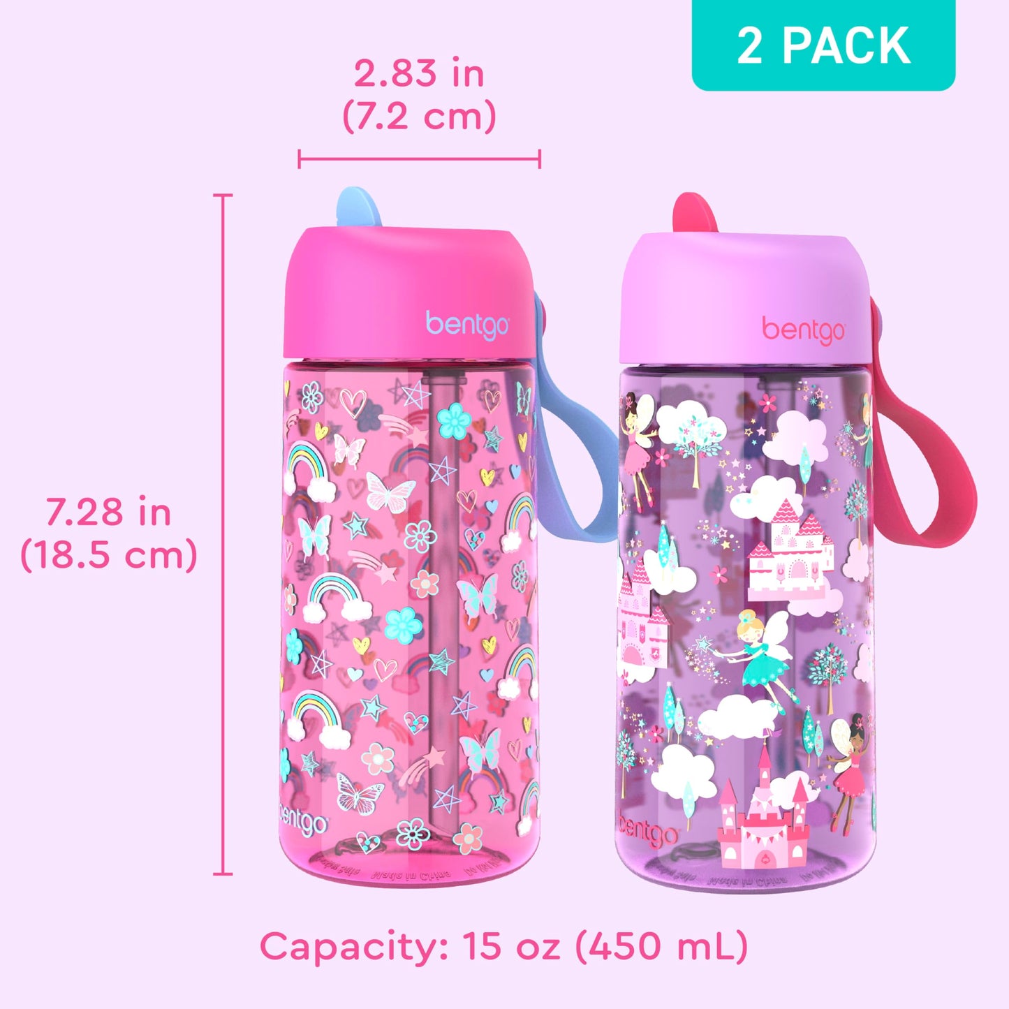 2 Pack 15 oz Bentgo Kids Water Bottles, Leak-Proof Durable Tritan, BPA-Free, Flip-Up Straw, Dishwasher Safe, Rainbows & Butterflies / Fairies, Ages 3+, School, Sports, Daycare, Camp
