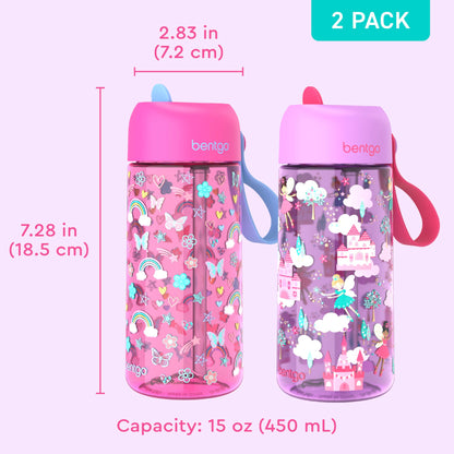 2 Pack 15 oz Bentgo Kids Water Bottles, Leak-Proof Durable Tritan, BPA-Free, Flip-Up Straw, Dishwasher Safe, Rainbows & Butterflies / Fairies, Ages 3+, School, Sports, Daycare, Camp