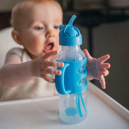 Dr. Brown's Milestones Narrow Sippy Straw Bottle, Spill-Proof with 100% Silicone Handles and Weighted Straw, 8 oz/250 mL, Gray & Blue, 6m+