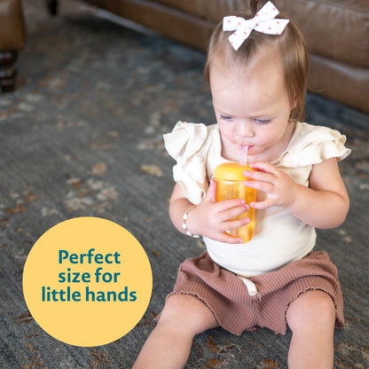 3 Pack 7 oz The First Years Squeeze & Sip Toddler Straw Cups, Squeezable Transition Sippy Cups with Silicone Straw, Yellow, Pink, Orange, Ages 6 Months+