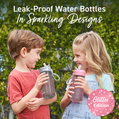15 oz Bentgo Kids Water Bottle, Leak-Proof Durable Tritan, BPA-Free, Safe Sip Spout with Carry Handle, Dishwasher Safe, Glitter Edition Petal Pink, Ages 3+, School